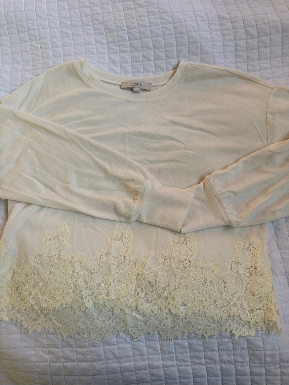 LOFT Cream Lace Trim Long Sleeve Pullover